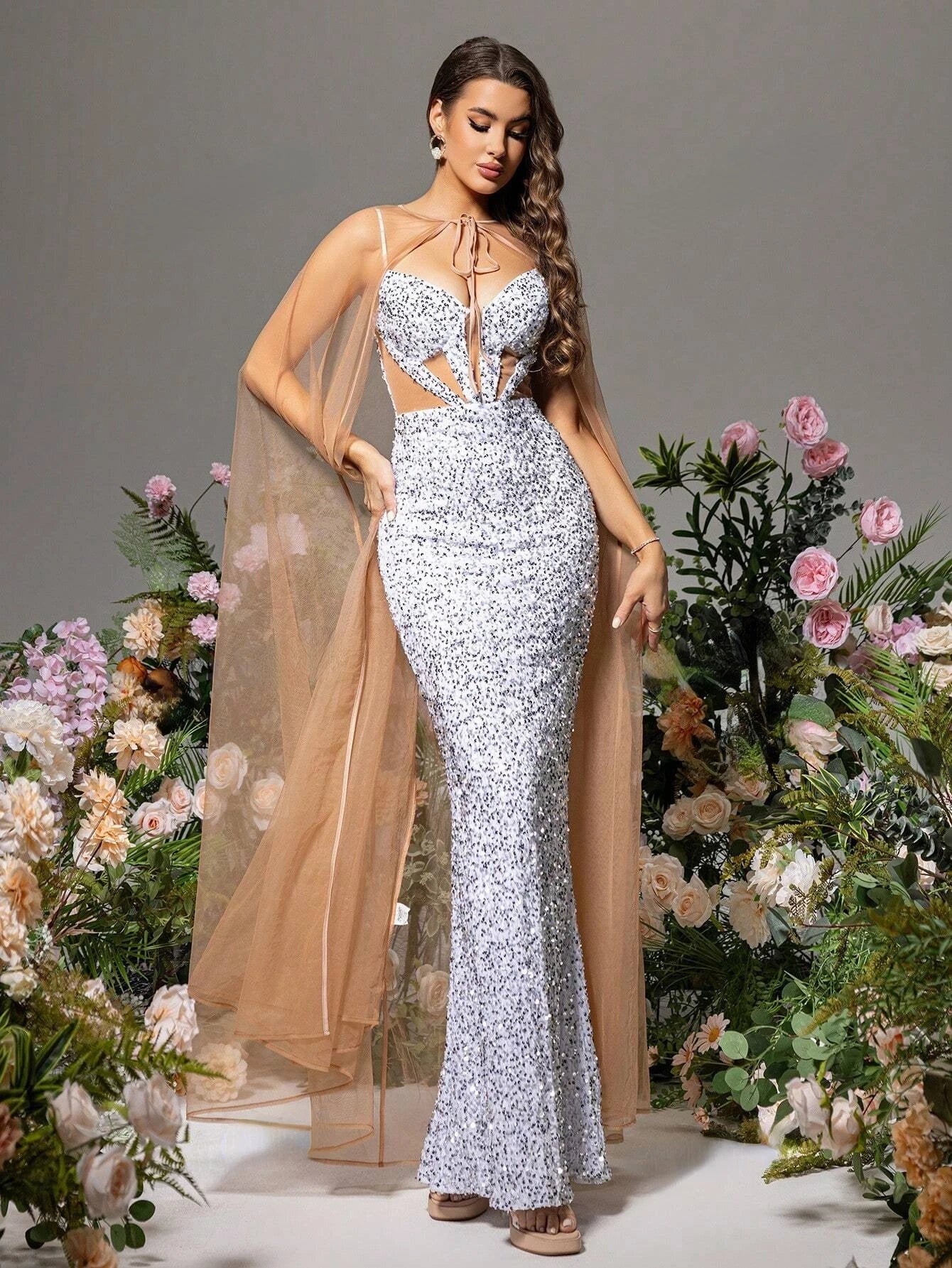 Square Neck Strap Sequin Decor Mermaid Hem Maxi Dress