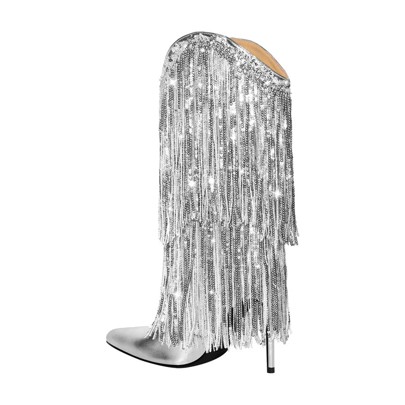 Pointed Toe Sequin Fringe Thin High Heel Mid Boots