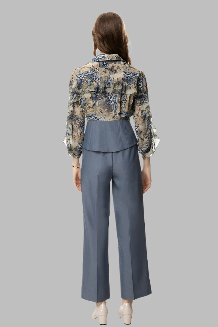 Print Mash Zipper Lantern Sleeve V-Neck Elastic Waist Trouser Set