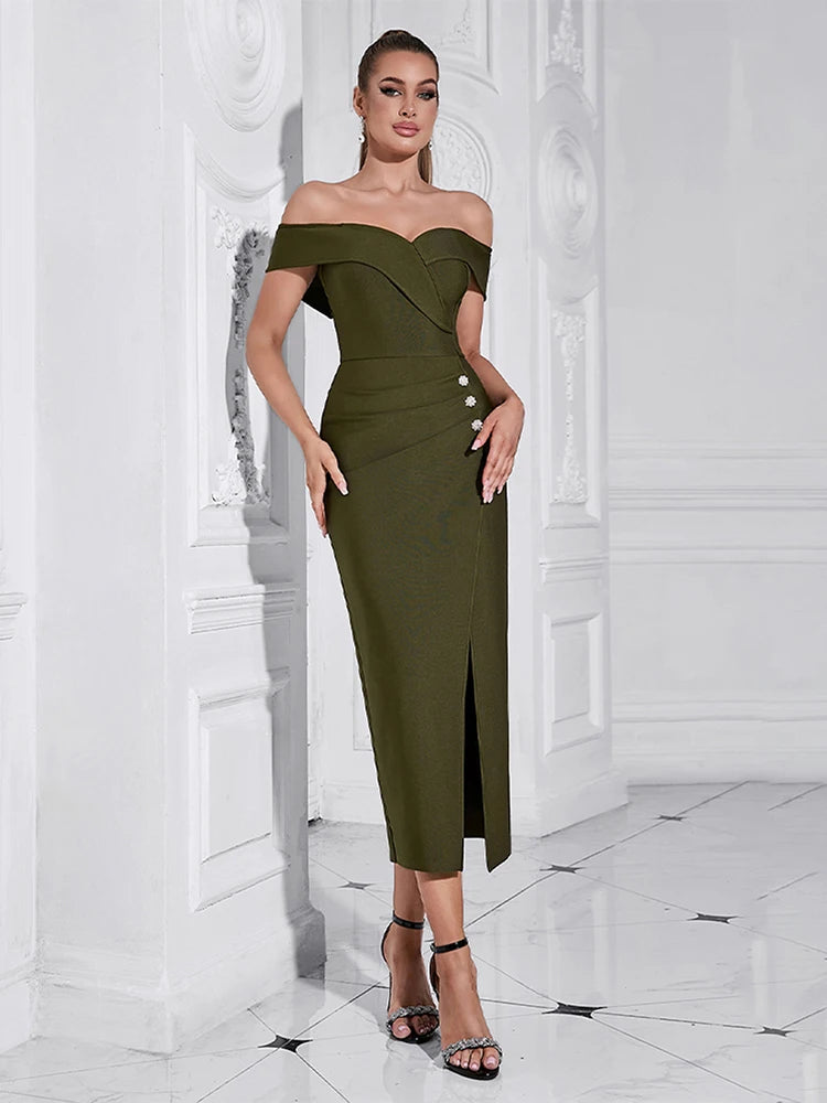 Off Shoulder Button Decor High Split Mid Bandage Dress