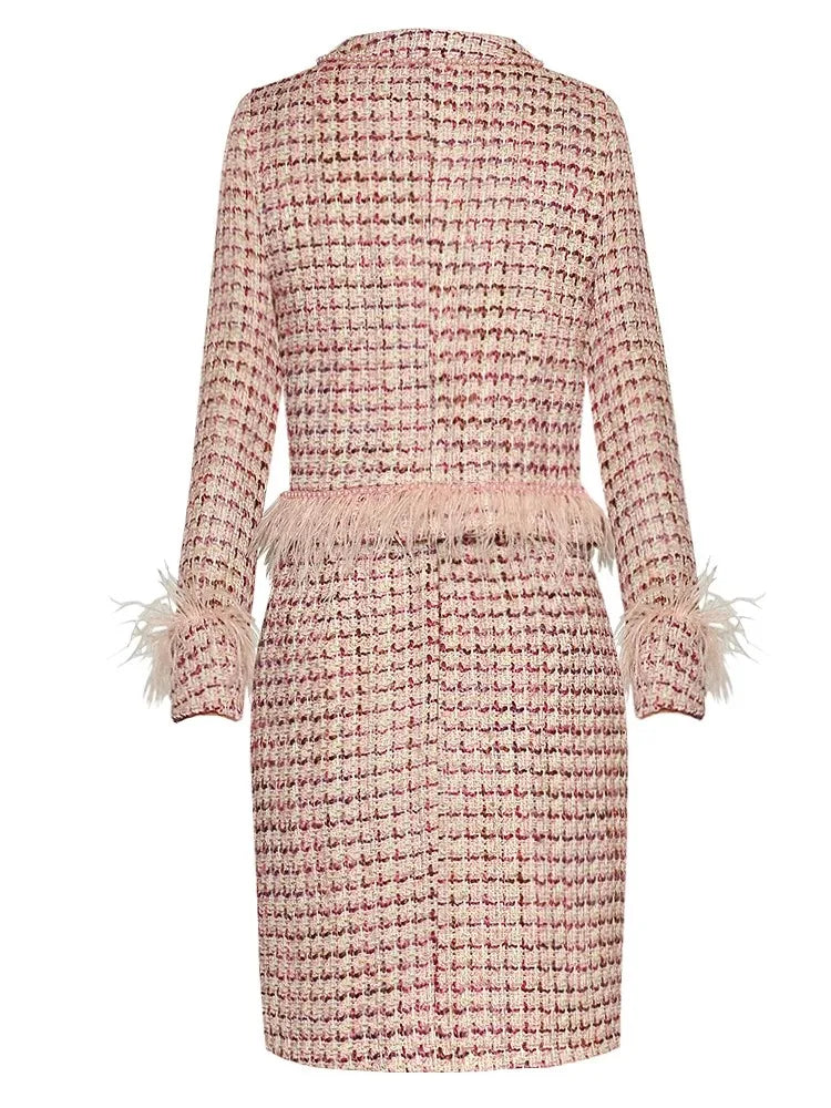 Plaid Tweed Long Sleeve Feathers Beading Jacket Mini Skirt Set