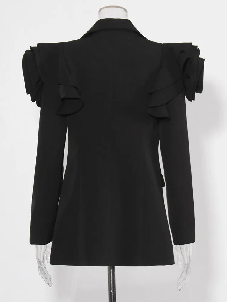 Notched Collar Patchwork Ruffle Shoulder Long Sleeve Blazer