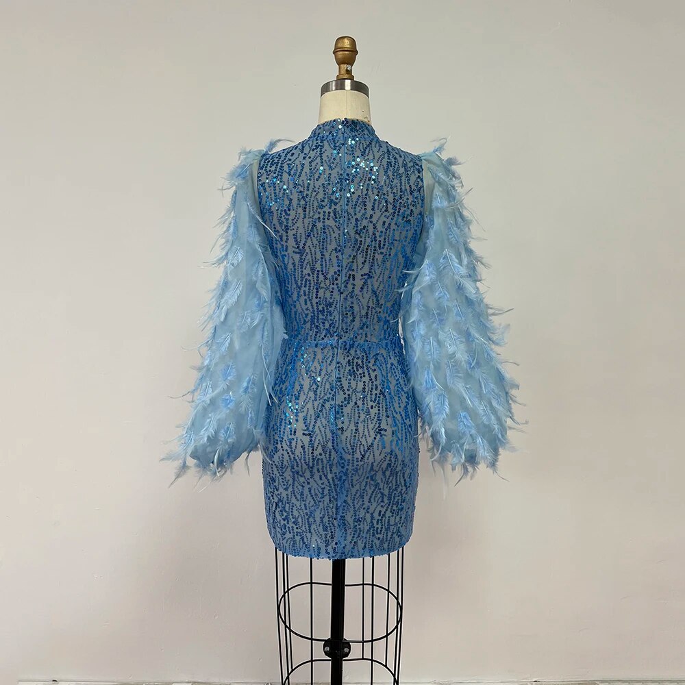 Feather Sequins Water Diamond Beaded Mini Dress