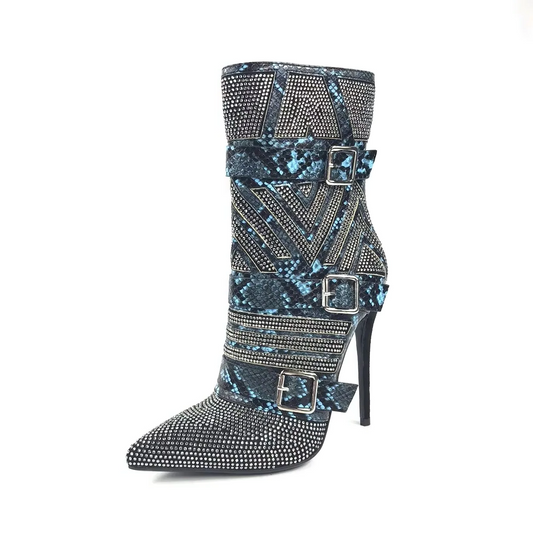 Rhinestone Denim Pointed Toe Zipper Sparkly Bling Ankle Boots