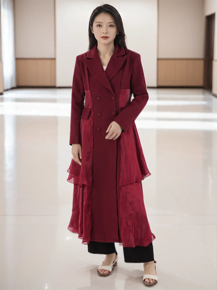 Notched Collar Double Breasted Mesh Patchwork Irregular Trench Coat