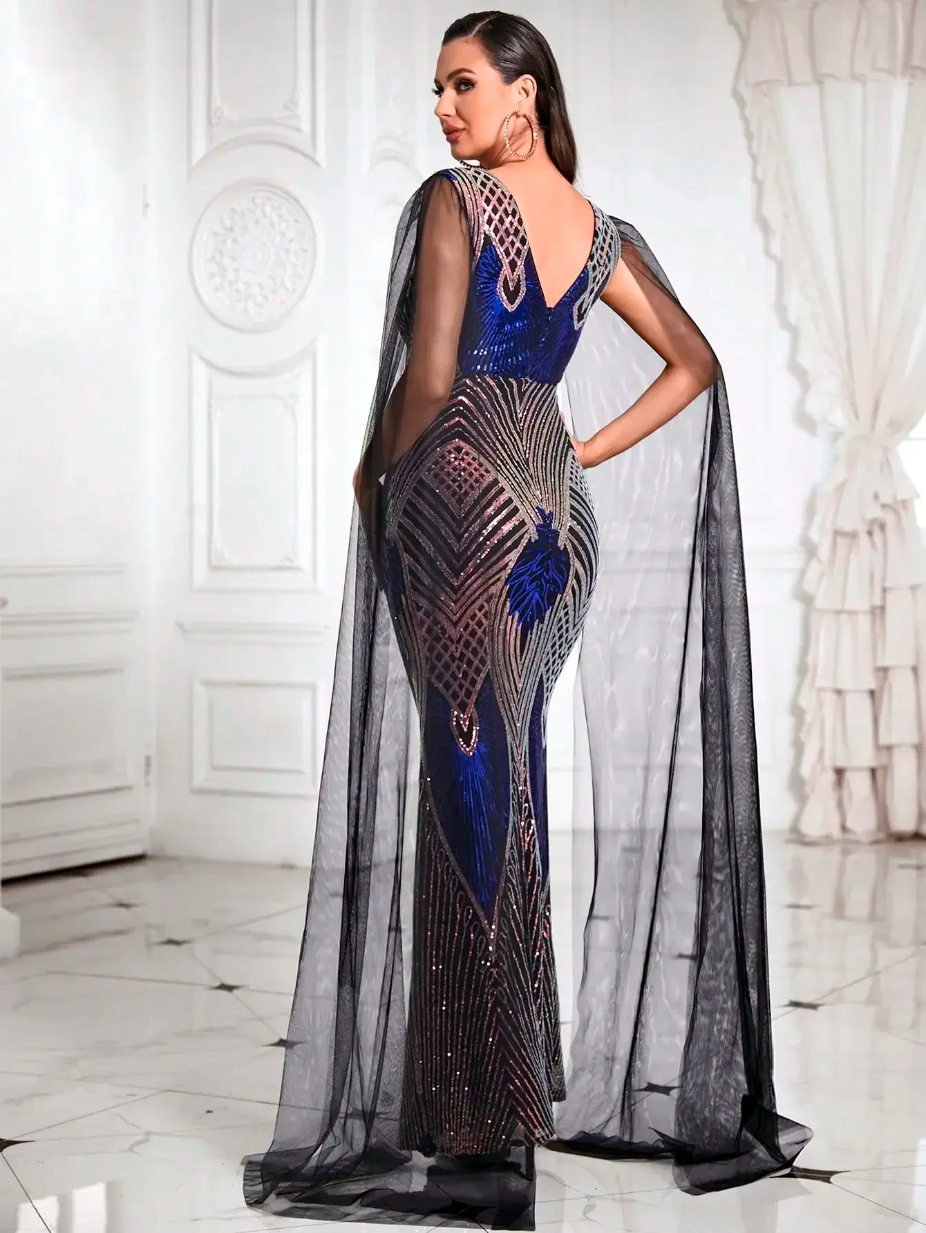 Deep V Neck Contrast Mesh Cloak Sleeve Sequin Formal Maxi Dress