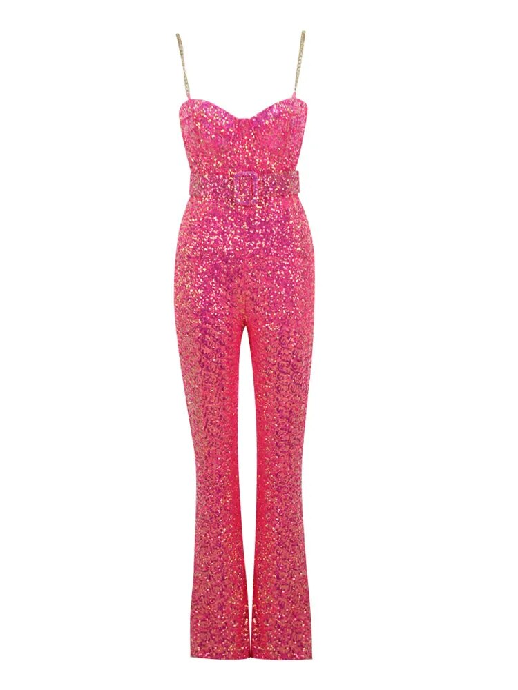 Shiny Sequin Spaghetti Strap Chain Sleeveless Tight Flare Jumpsuit