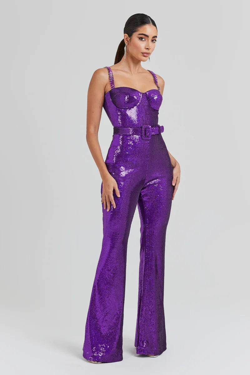 Sleeveless Sequins Spaghetti Strap Belted Wide Legs Jumpsuits