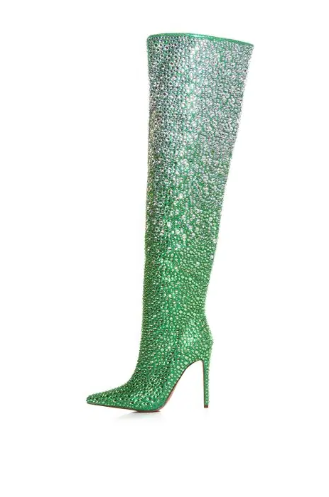 Rhinestone Studded Thin High Heel Crystal Over The Knee Boots