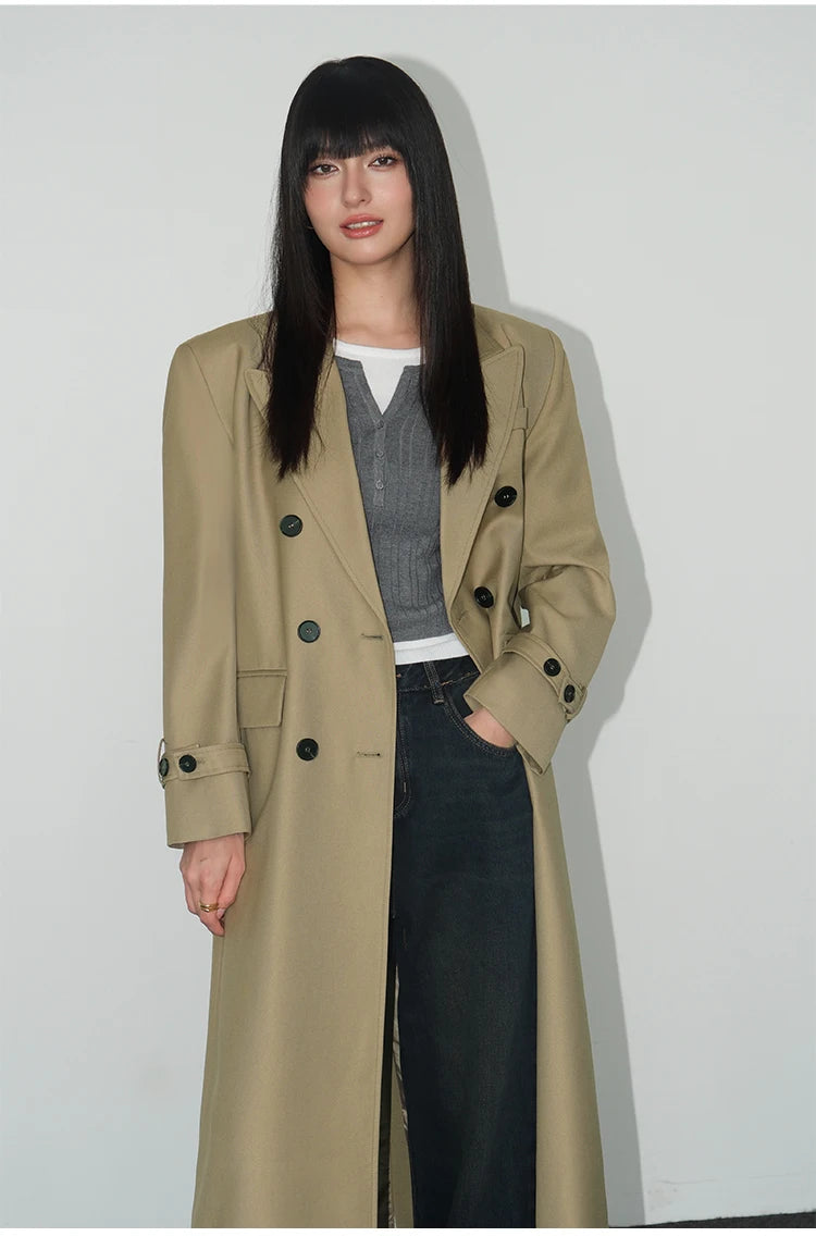 Notched Collar Loose Long Sleeves Double Breasted Tide Trench Coat