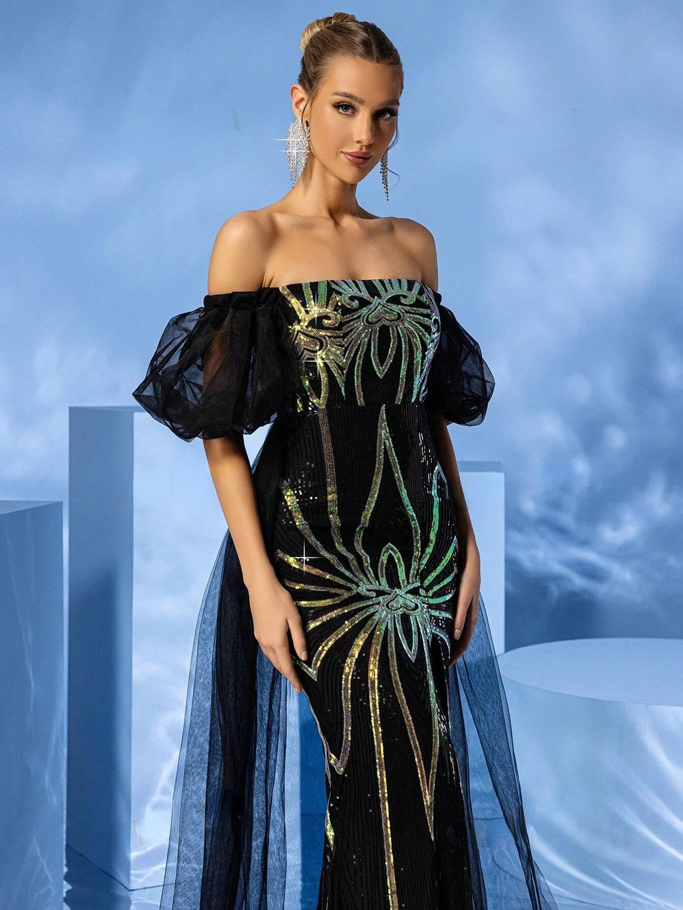 Off Shoulder Sequin Slit Waist Cinched Maxi Dress