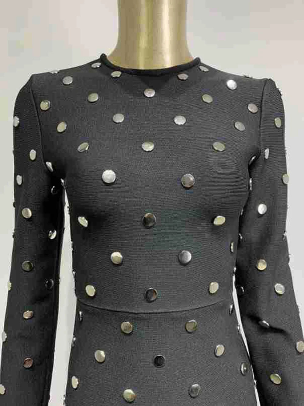 Long Sleeve Sequin Button Polka Dot Tight Maxi Bandage Dress