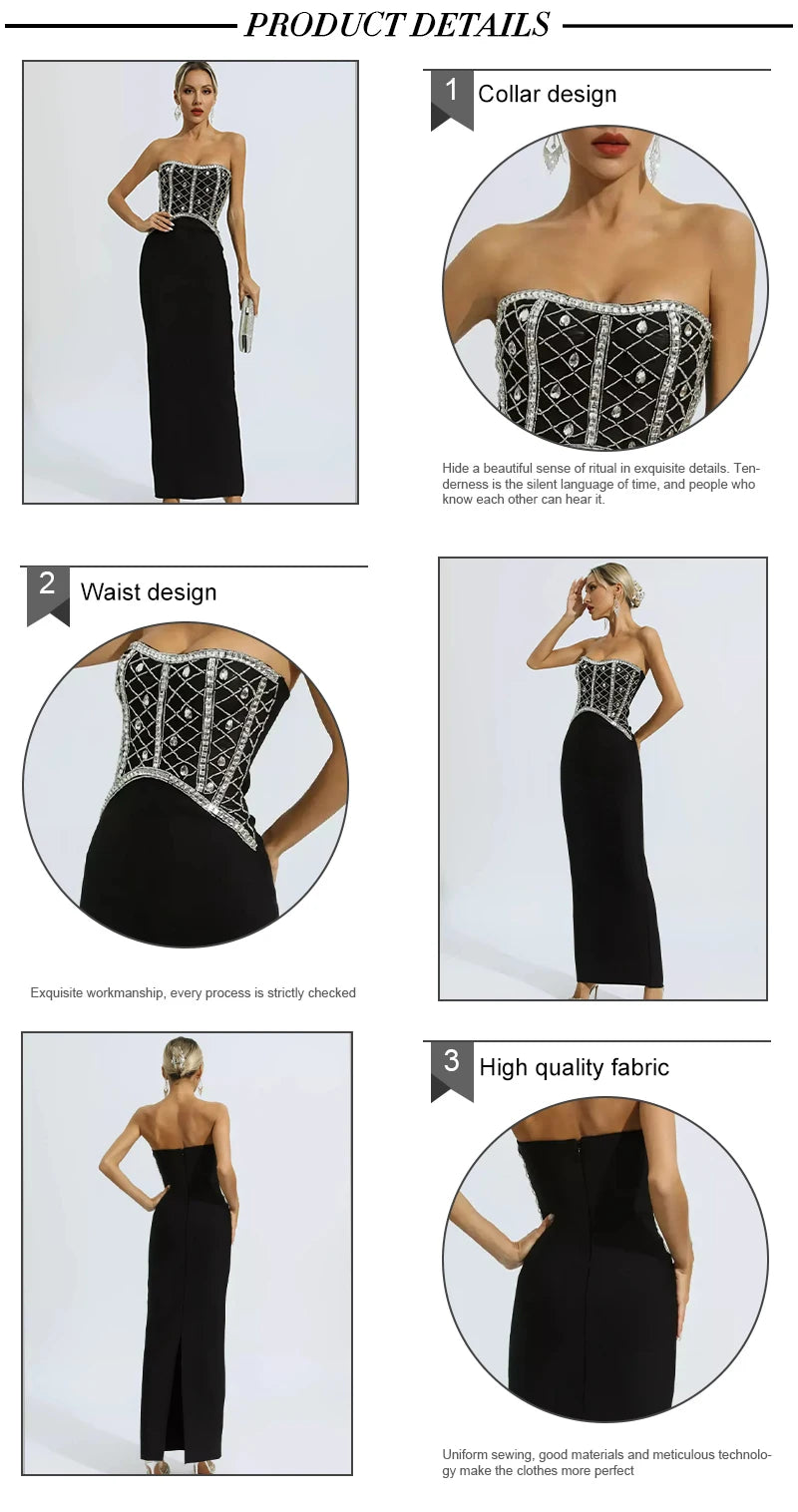 Knitted Strapless Tube Diamonds Studs Nail Beads Bandage Maxi Dress