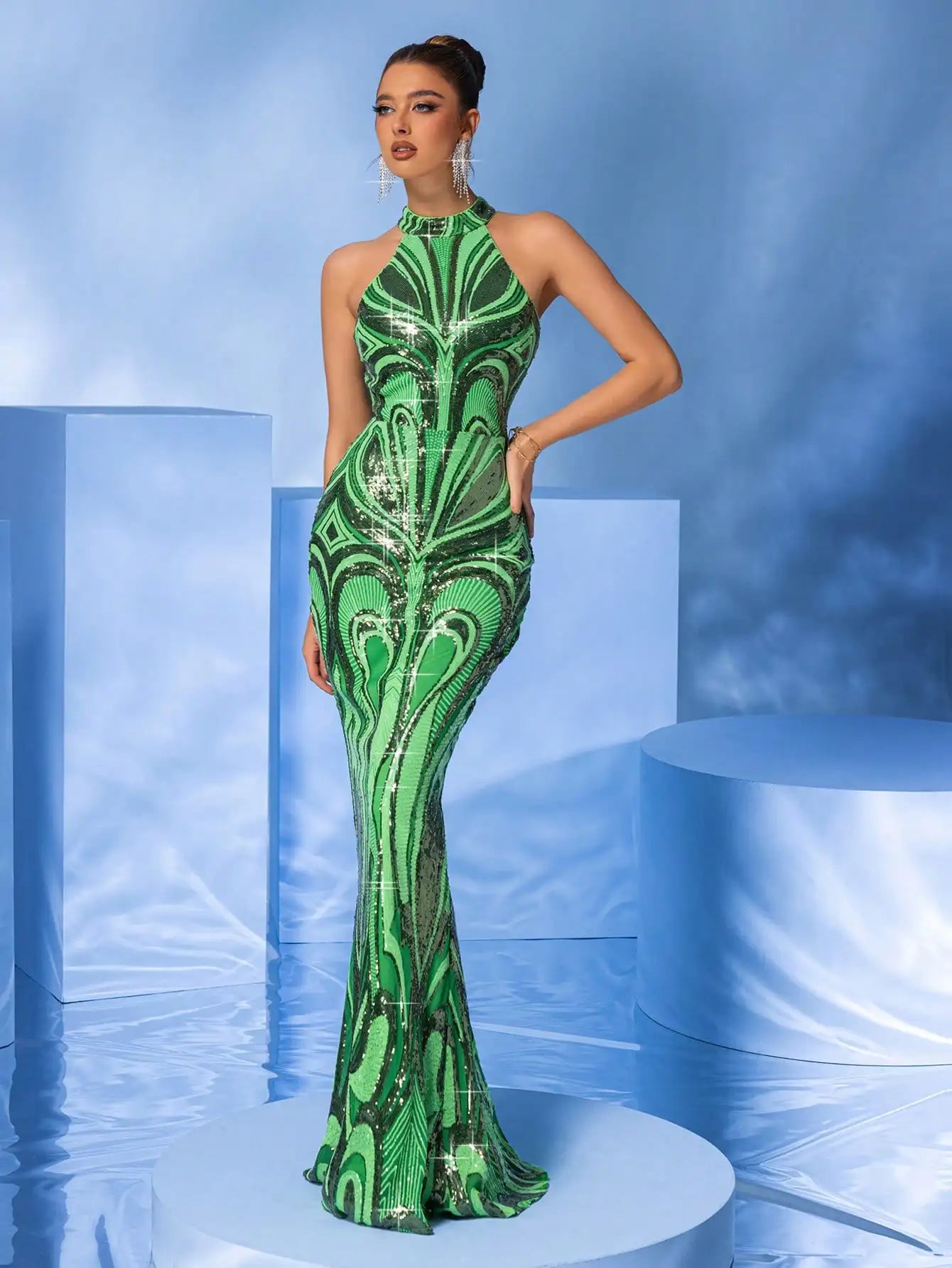 Halter Neck Sequin Embroidery Mermaid Bodycon Formal Maxi Dress