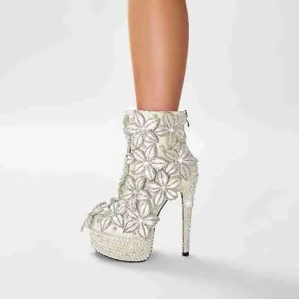 Pearl Platform Heels Pointed Toe Cut Outs Flower Decor Ankle Boots