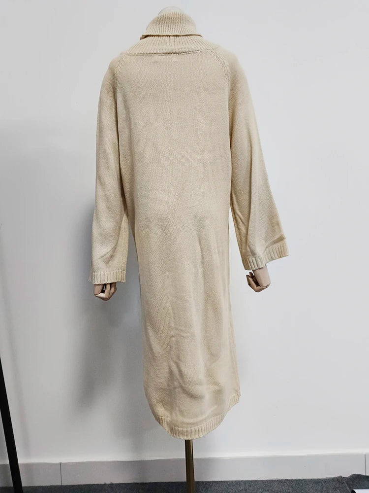 High Split Turtleneck Long Sleeve Split Knitting Maxi Pullover