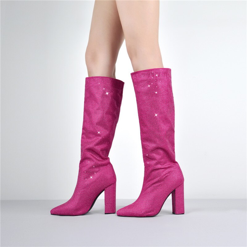 Pointed Toe Rhinestones Bling Square Heels Knee-High Boots
