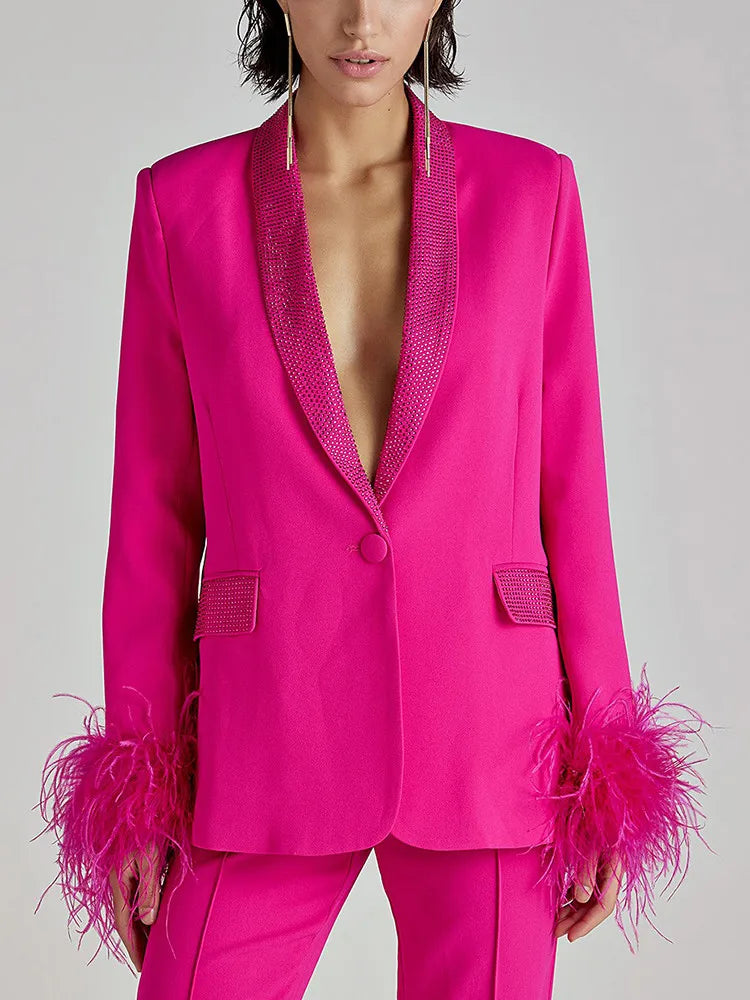 Shawl Collar Detachable Feathers Long Sleeve Patchwork Diamonds Blazers