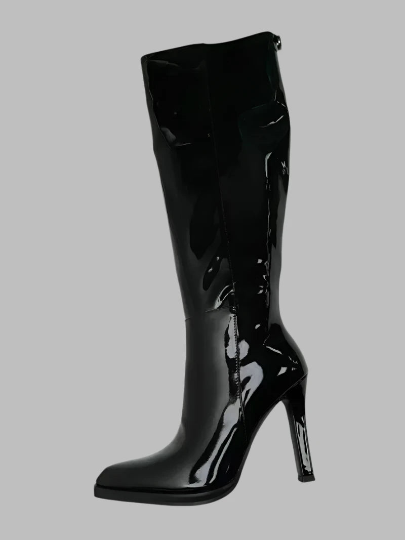 Patent Leather Pointed Toe High Heels Knee Hight Boots