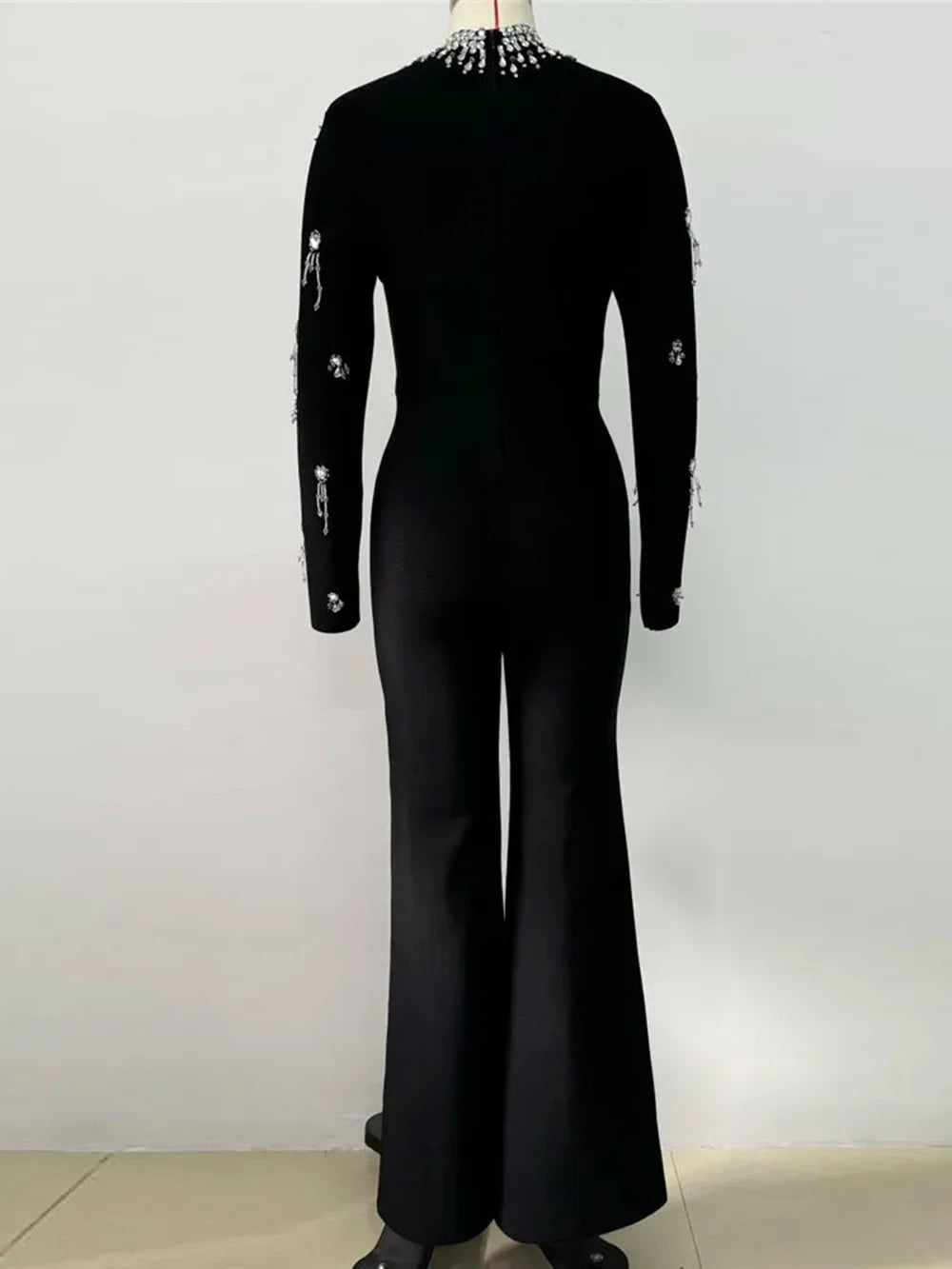 Turtleneck Beading Diamonds Tassel Long Sleeve Wide Leg Bandage Jumpsuits