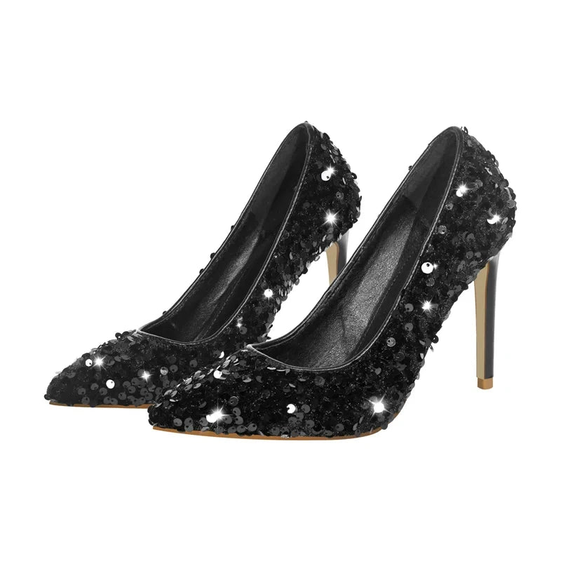 Pointed Toe Sequined Cloth Slip On Pumps Thin High Heel Shoes
