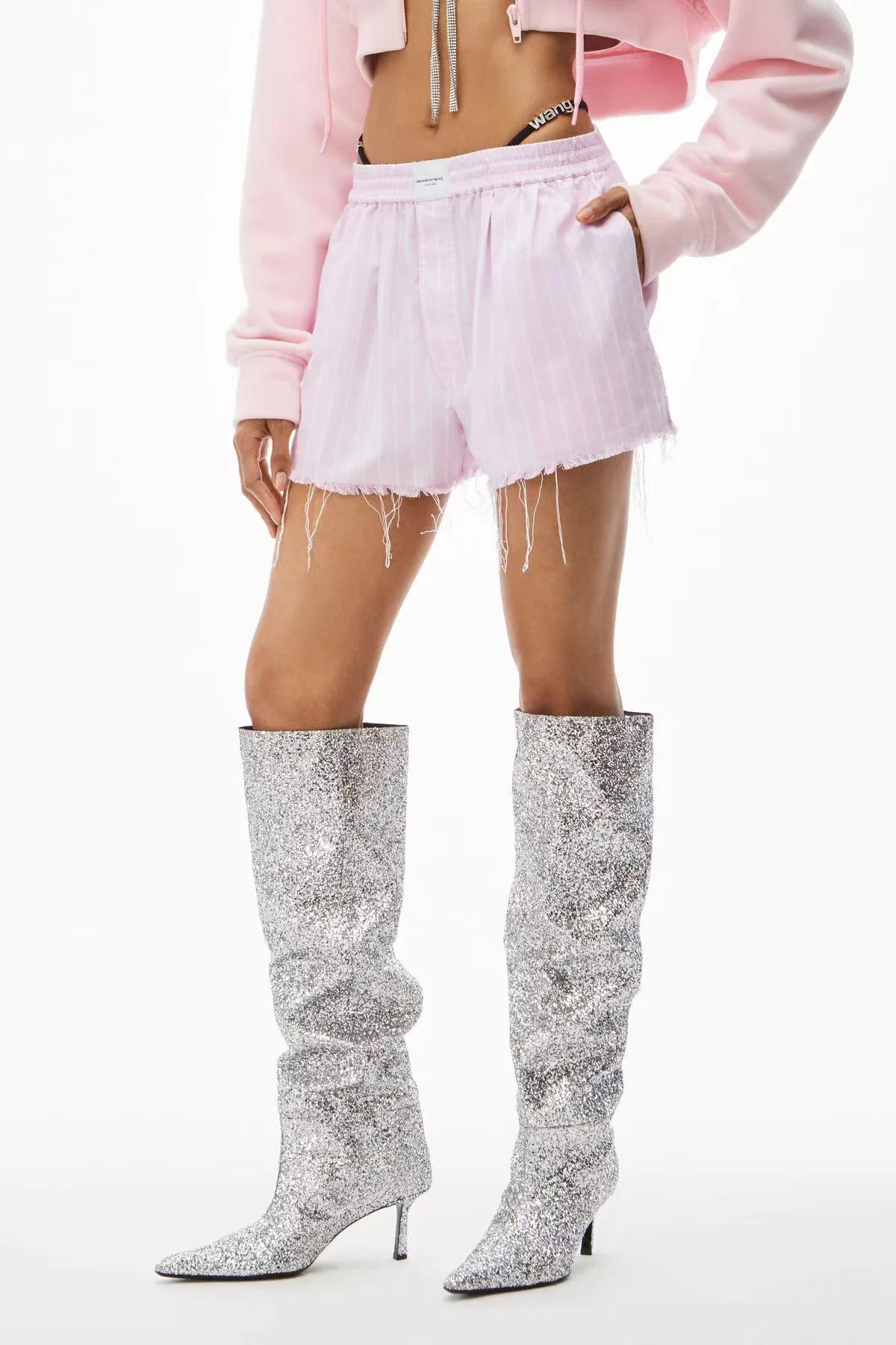 Denim Pointed Toe Tin Mid Heel Knee Boots