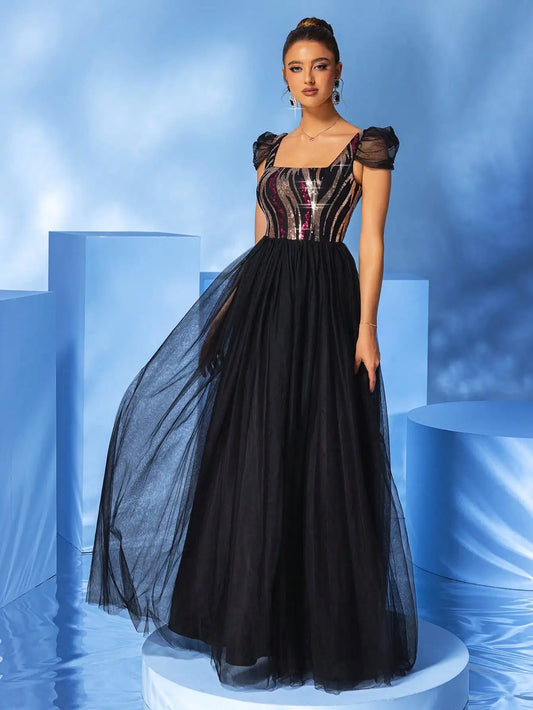 Puff Sleeve Sequin Black Mesh A-LINE Evening Maxi Dress