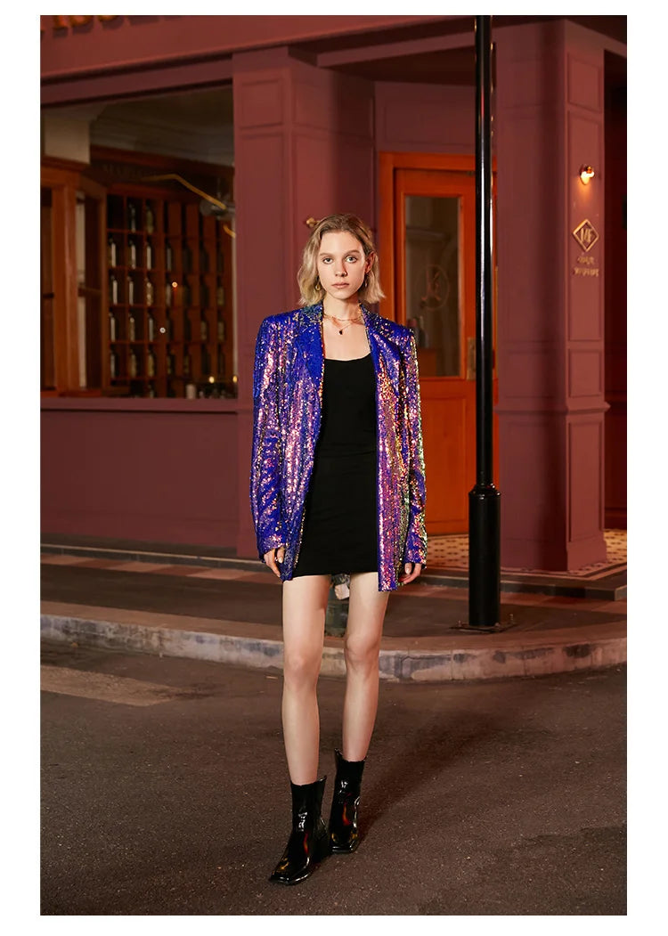 Sequin Notched Single Button Pockets Slim Colourful Blazer