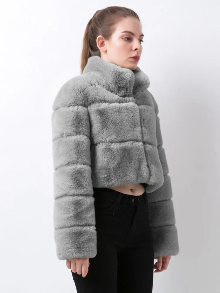 Stand Collar Covered Long Sleeve Thick Warm Faux Fur Mini Coat