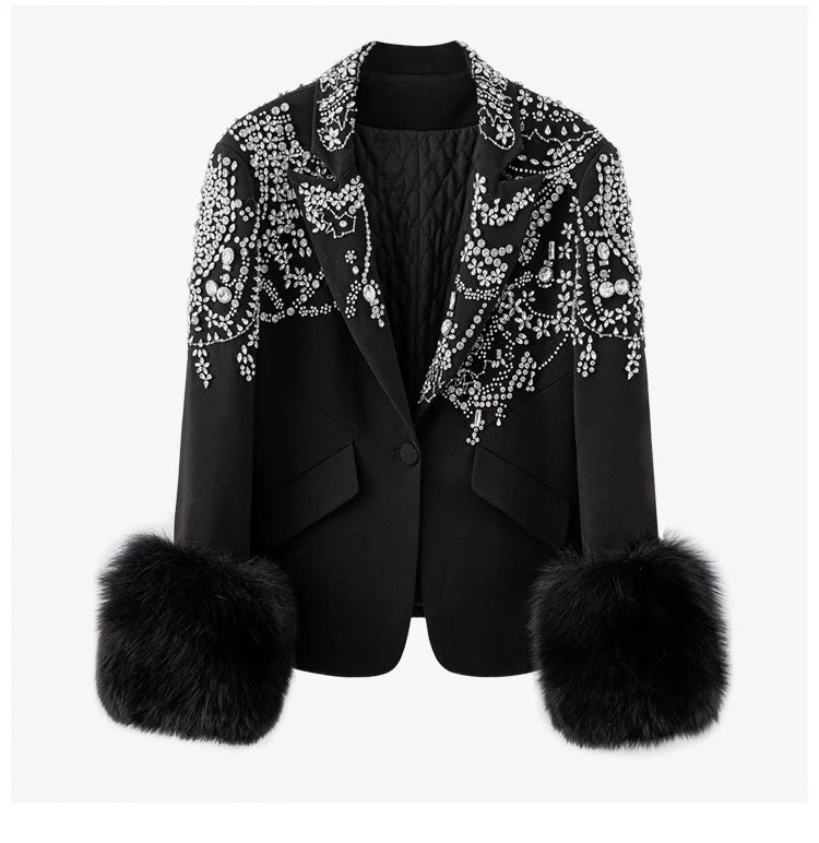 Irregular Rhinestone Single Button Feather Spliced Sleeve Blazer