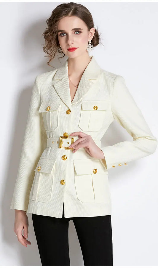 Chickened Vintage Golden Buttons Pocket  Collar Belted Blazers