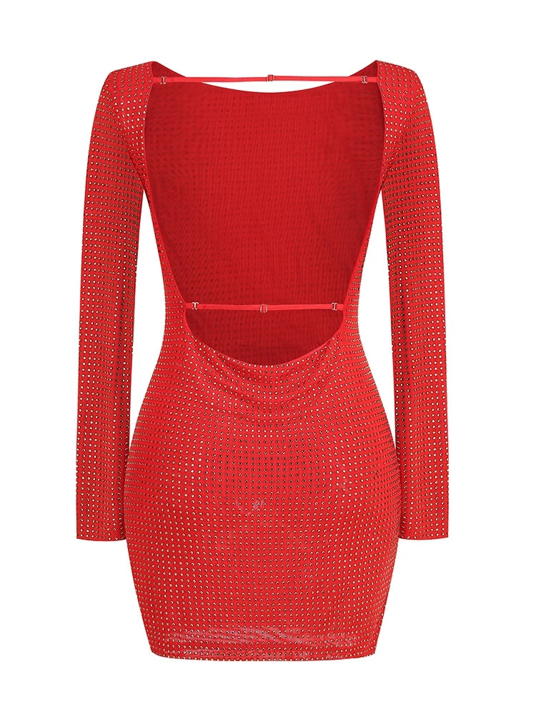 Backless Mesh Crystal Diamond Bright Rhinestone Long Sleeve Mini Dress