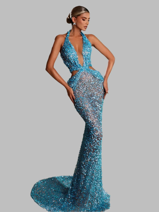 Sequins Beaded Deep V Neck Plunge Halter Cut Out Mermaid Maxi Dress