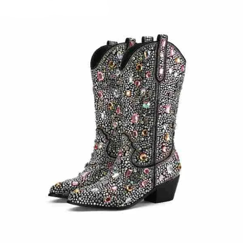 Crystal Rhinestone Pointed Toe Slip On Thick Heel Mid Boots