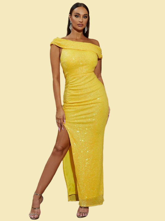 Off Shoulder Slit Shiny Sequin Sleeveless Prom Maxi Dress