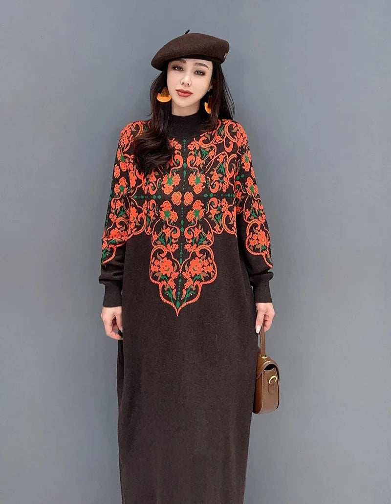 Printed O-neck Long Sleeve A Line Maxi Pullover Dress