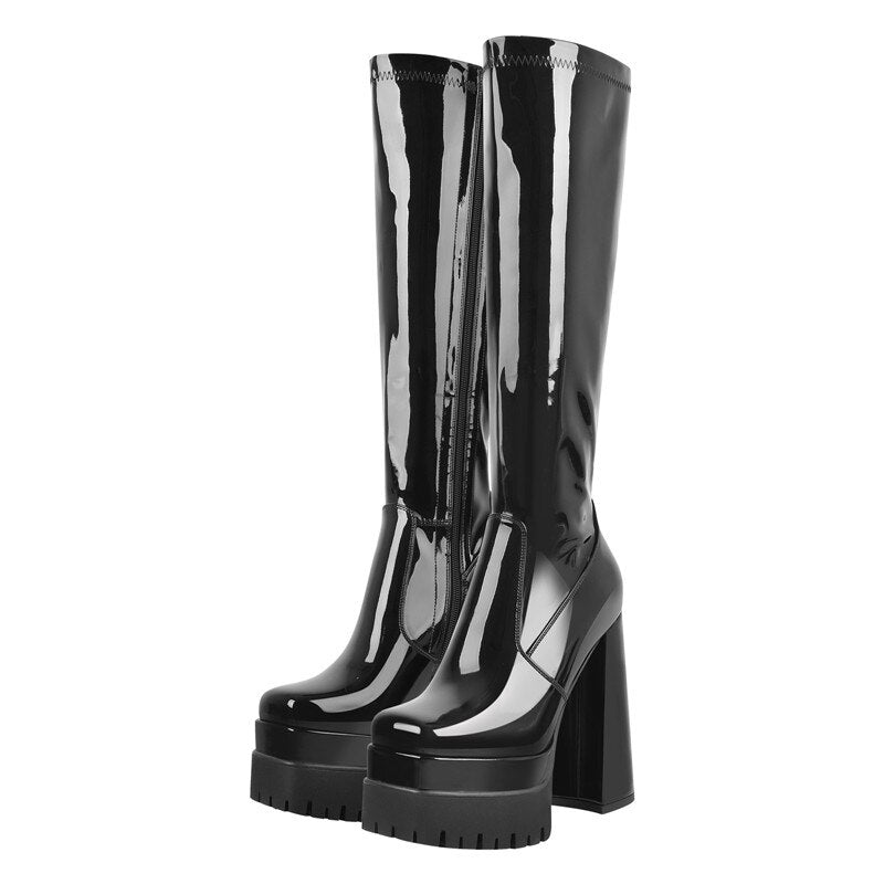 Platform Chunky Heel Patent Leather Square Toe Knee-High Boots
