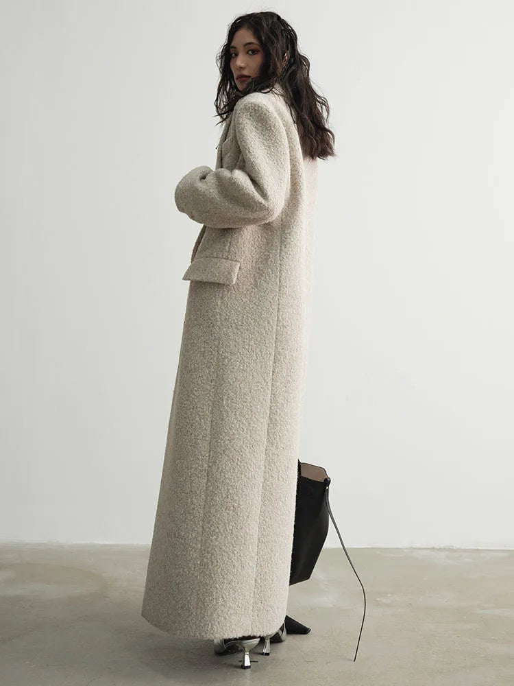 Turn-down Collar Lapel Long Sleeve Woollen Maxi Coat