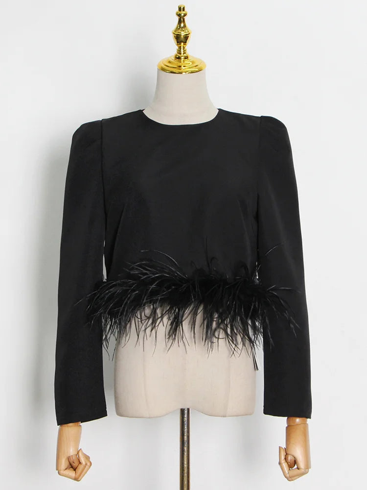 Patchwork Feathers Casual O Neck Long Sleeve Spliced T Shirt