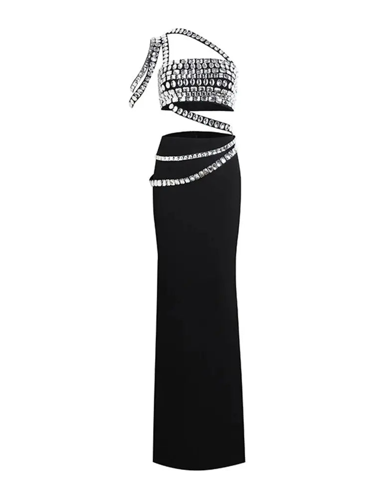 Slash neck Diamond Short Top Tight Maxi Skirt Set