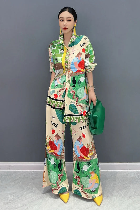 Long Sleeved Printed Shirt Wide Legged Trouser Set