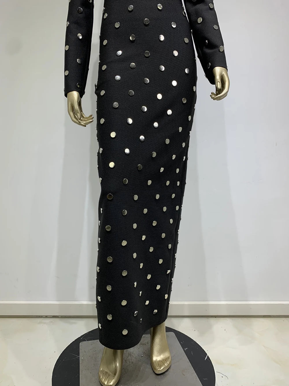 Long Sleeve Sequin Button Polka Dot Tight Maxi Bandage Dress