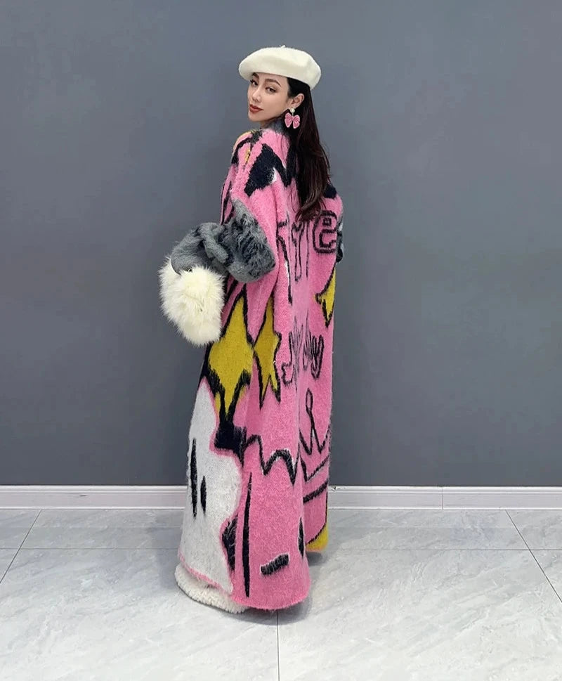 Printed O-Neck Long Sleeve Thick Maxi Knitted Pullover Dress