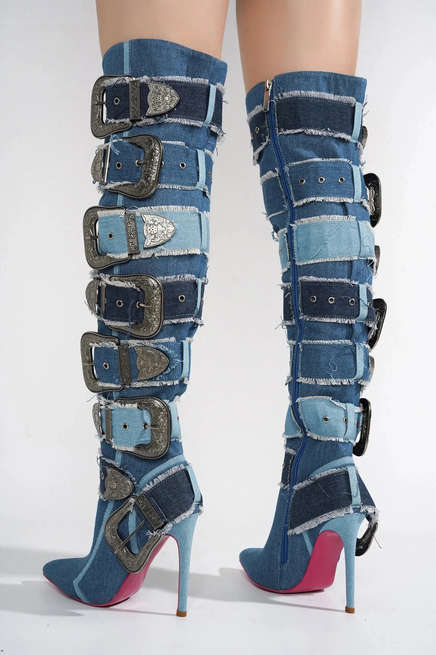 Multicolour Denim Belt Buckled High Heel Over The Knee Boots