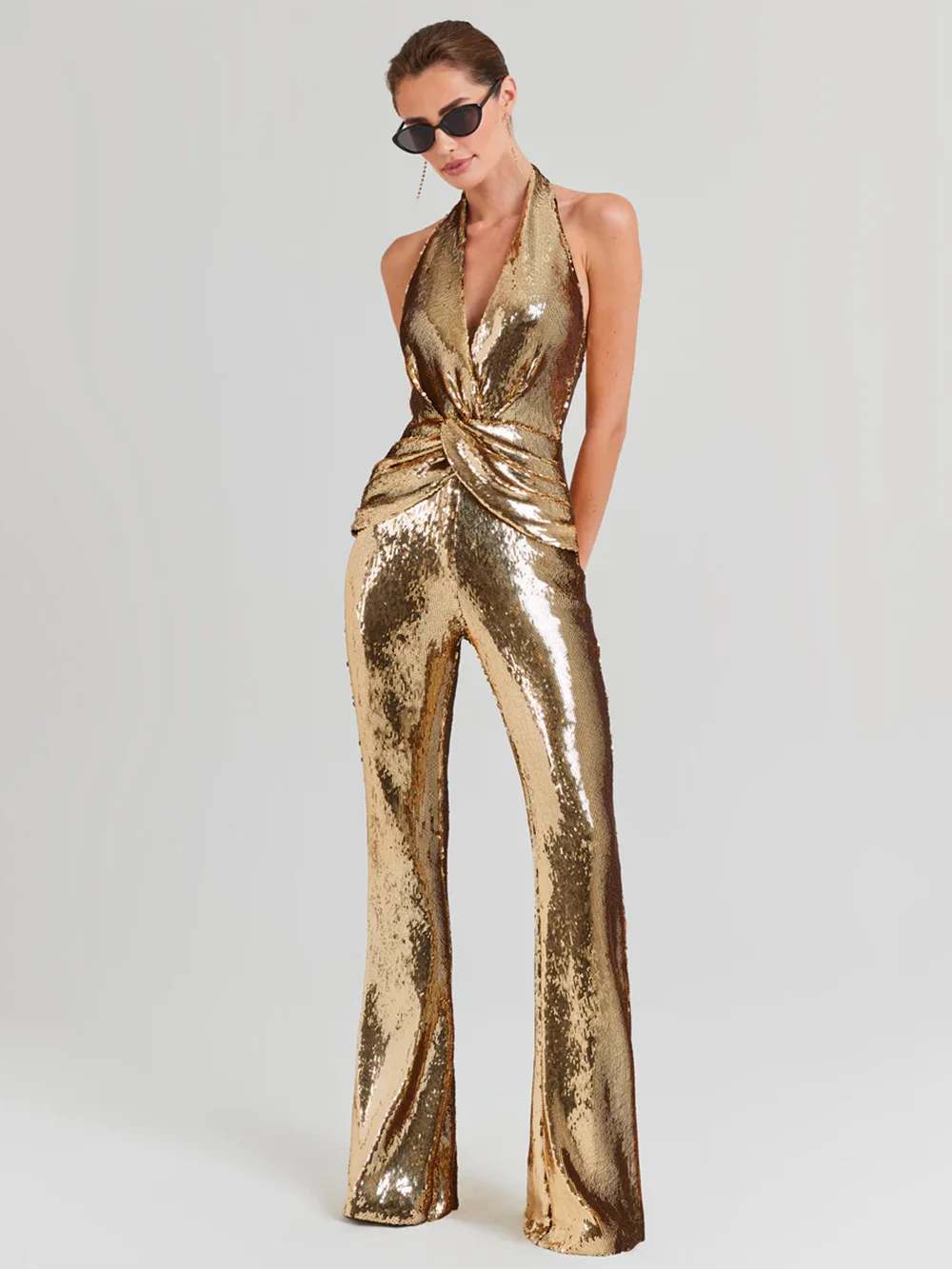 Golden Sequins Sleeveless Backless Tight Full Length Jumpsuit