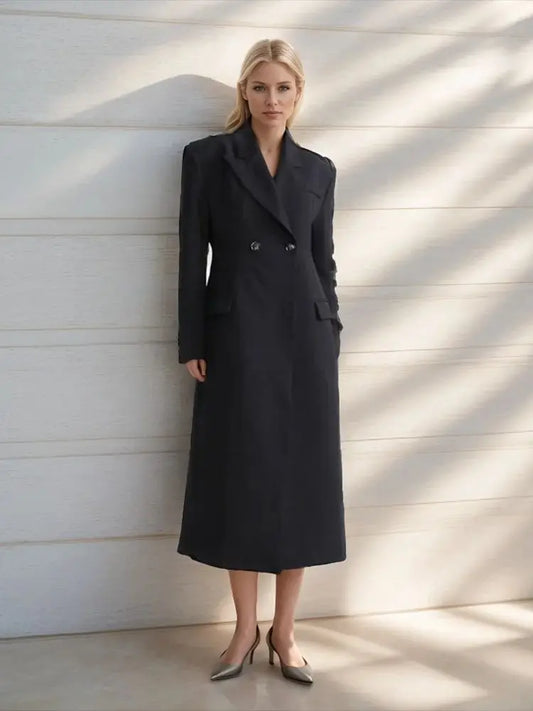 Patchwork Button Long Sleeve Spliced Pocket Trench Maxi Coat