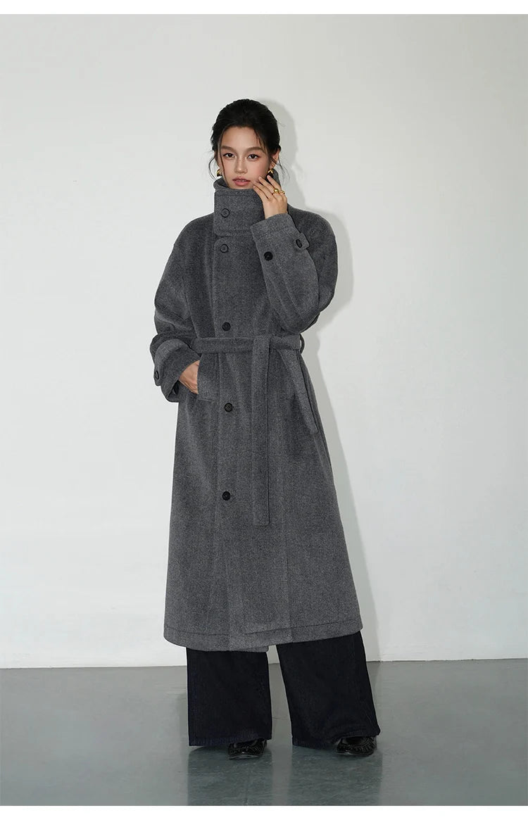 Turtleneck Loose Single Breasted Lined Sashes Blends Woollen Overcoat