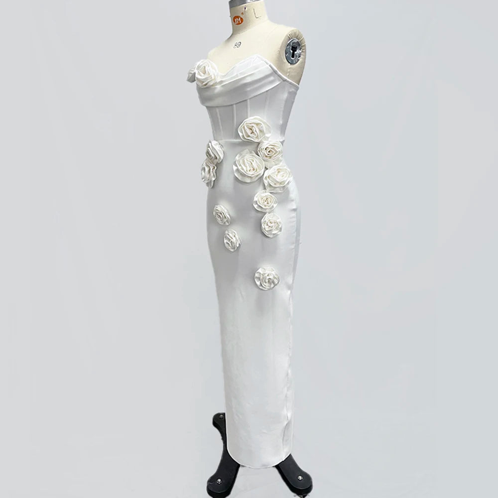 Strapless Flower Decor Backless Sleeveless Tight Maxi Dress