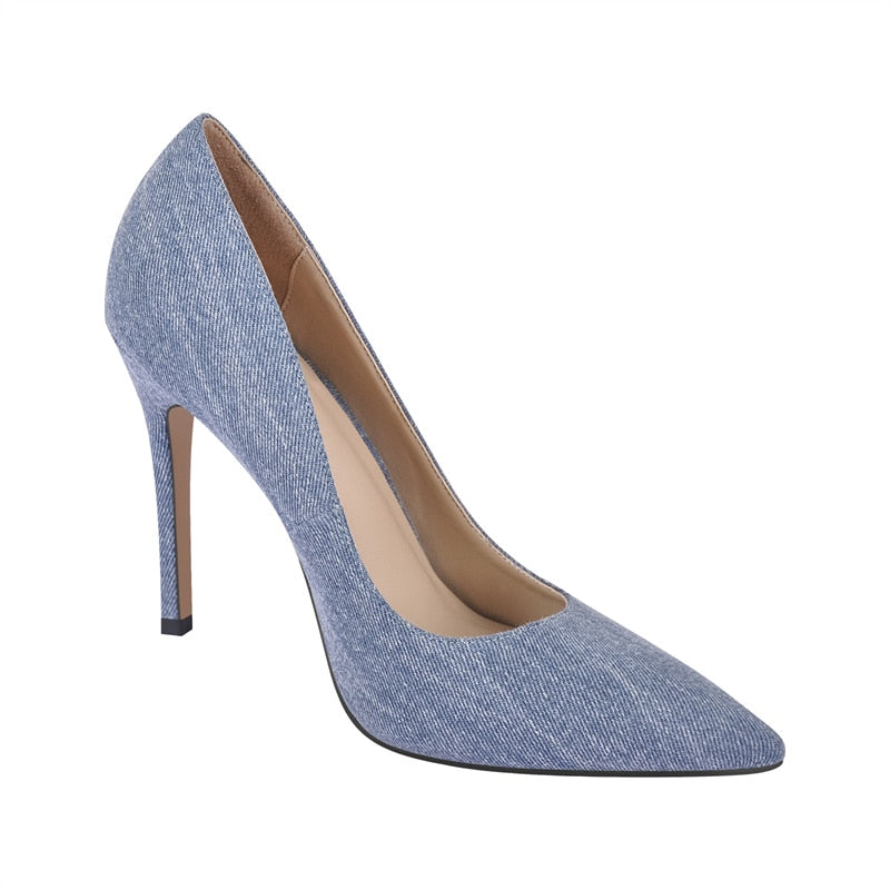 Pointed Toe Denim Pumps Slip On Thin Heels Shoes