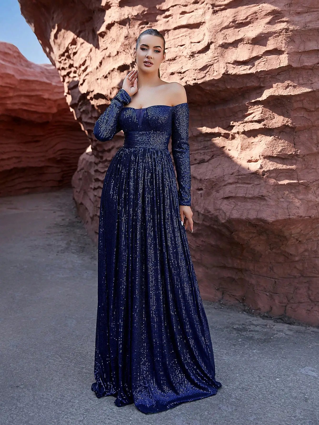 Off Shoulder A Line Long Sleeves Sequins Evening Maxi Dress